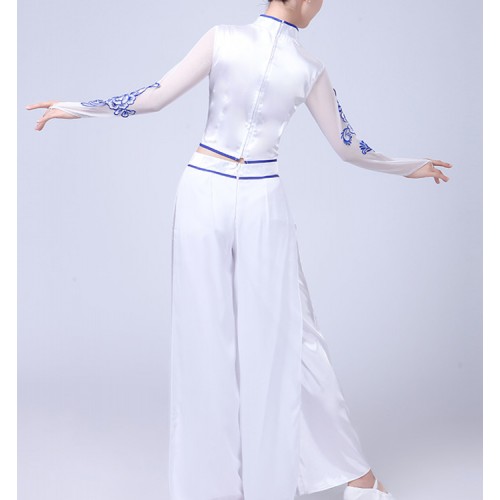 Women's china chinese folk dance costumes white and blue ancient traditional drama cosplay dancing dresses